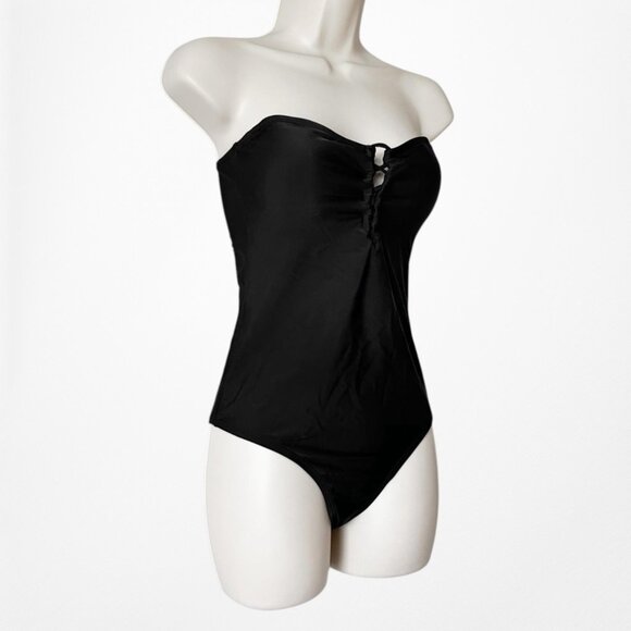 Black Strapless Lace Up Detail One Piece Bathing Swimsuit Size S/M - Picture 6 of 9